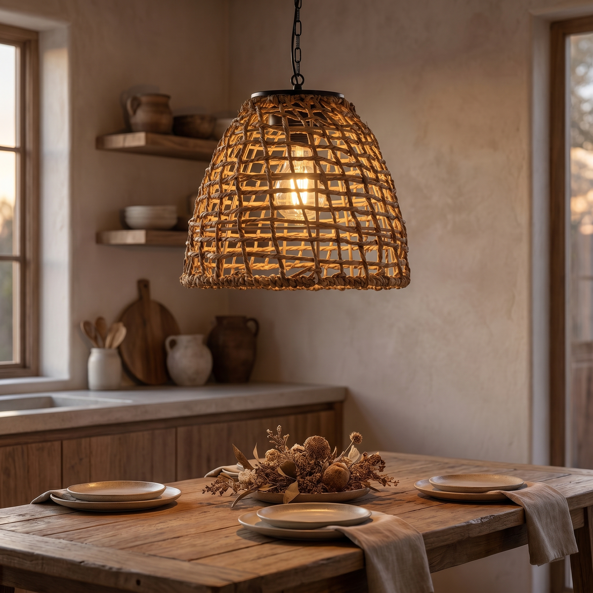 GLOAMING Solar Rattan Hanging Lantern, Natural Brown, LED Pendant Light