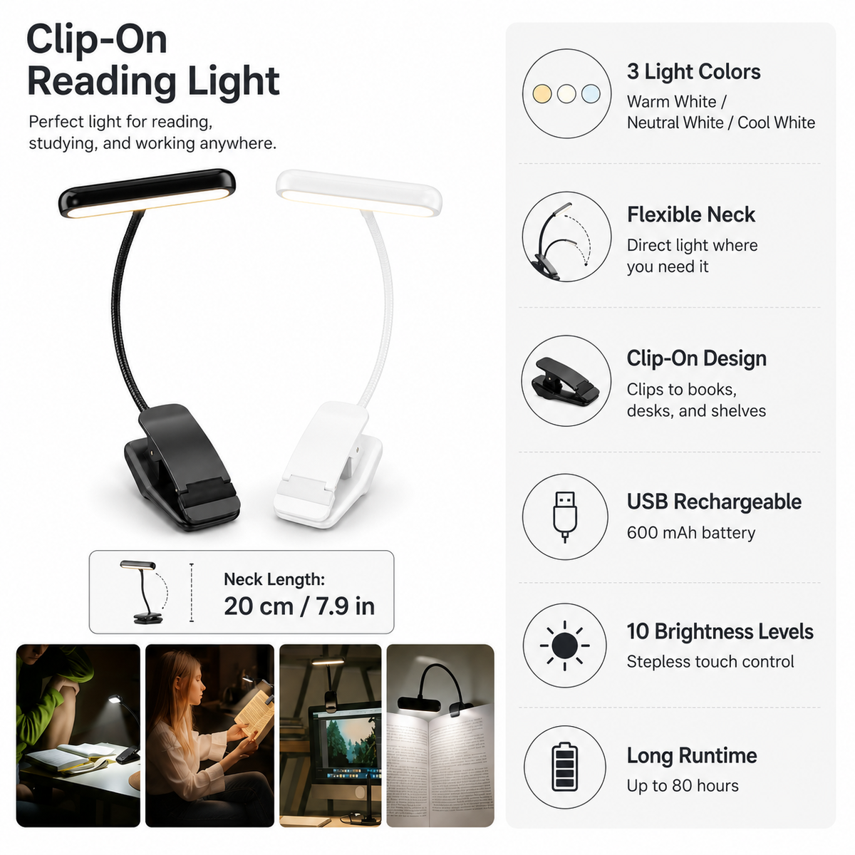 Clip-On Book Light – Rechargeable Reading Lamp with Flexible Neck