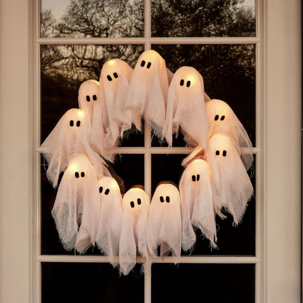 Light-Up Halloween Ghost Wreath – 12 Battery-Operated LEDs