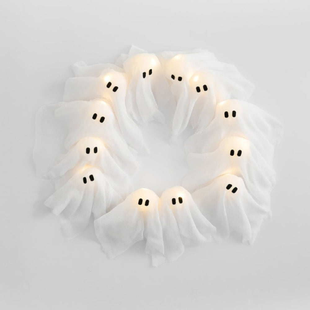 Light-Up Halloween Ghost Wreath – 12 Battery-Operated LEDs