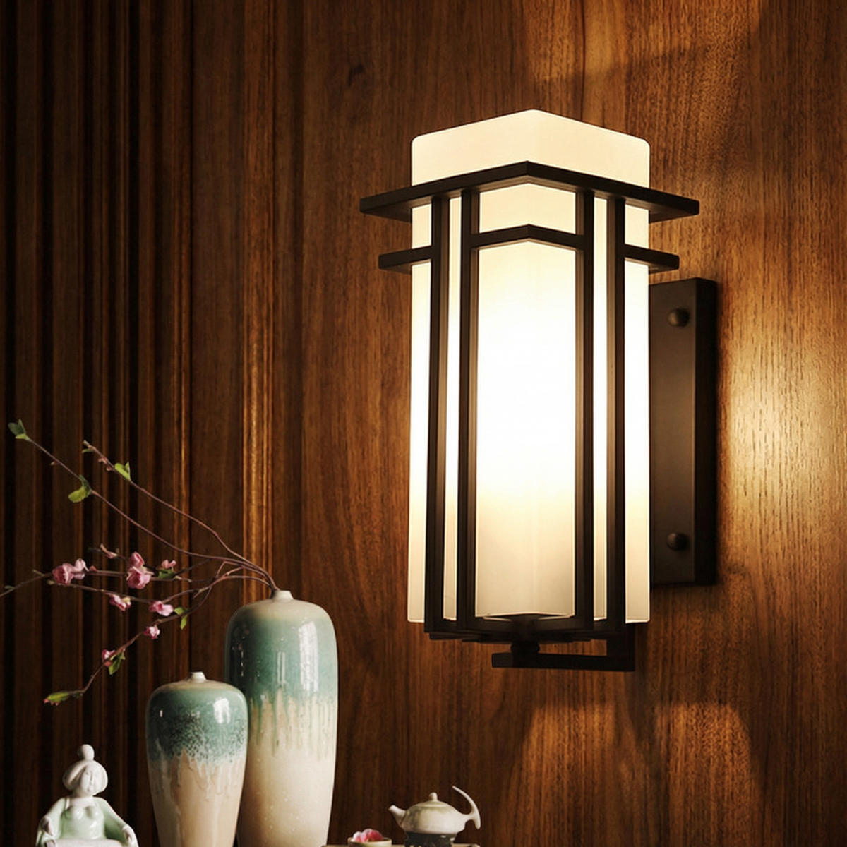 GLOAMING Outdoor Chinese Style Wall Lantern, 12W Tri-Colour LED, Water-Resistant, 21x19x39cm