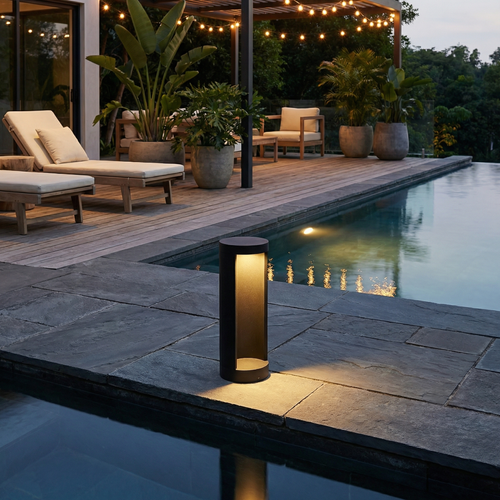 GLOAMING 15W LED Garden Bollard Light, Sand Black, Aluminium & Glass, Waterproof IP65
