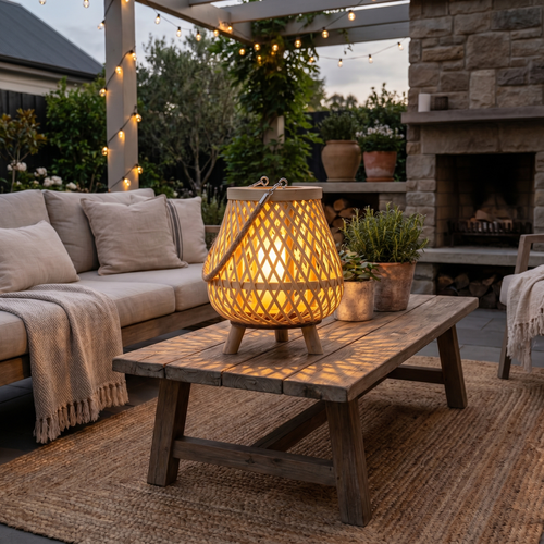 GLOAMING Handmade Bamboo Lantern, LED Candle Holder, Rattan Weave, Indoor & Covered Outdoor