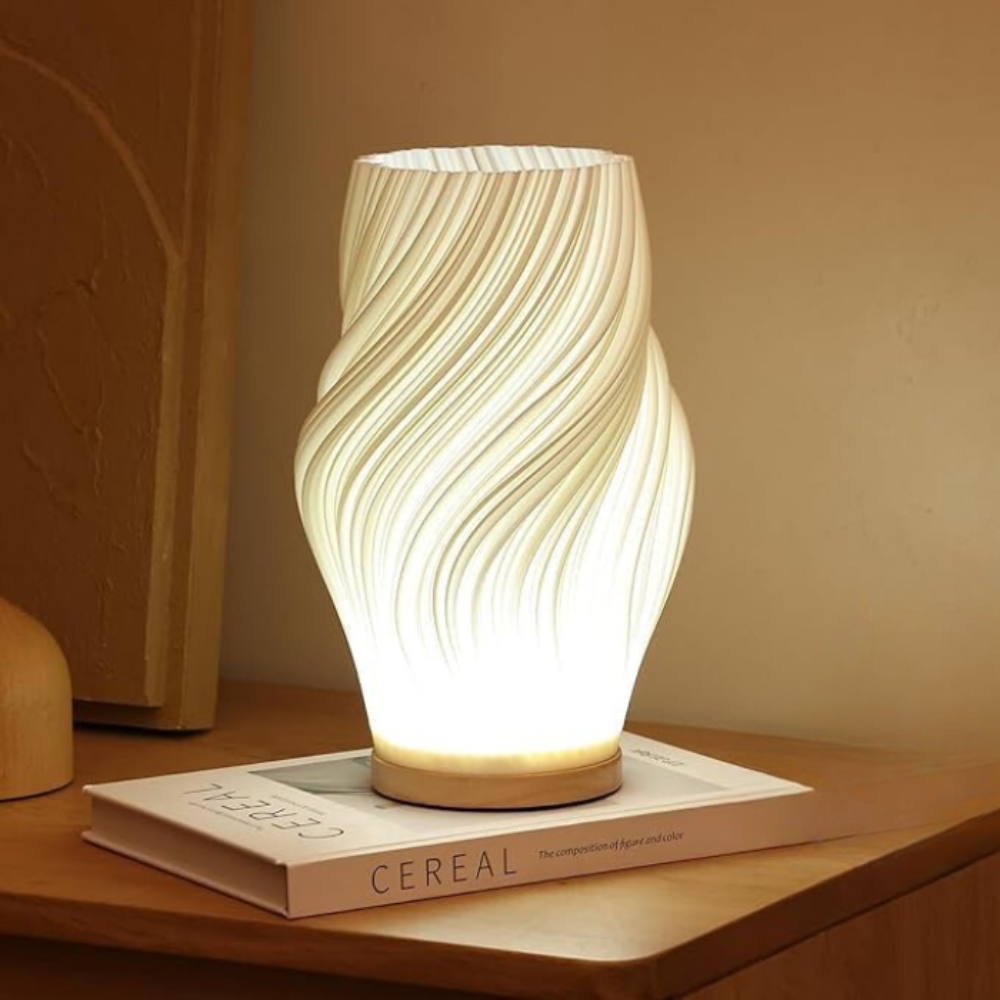 USB Dimmable Wave Table Lamp, Sculpted Shade and Wood Base – Gloaming