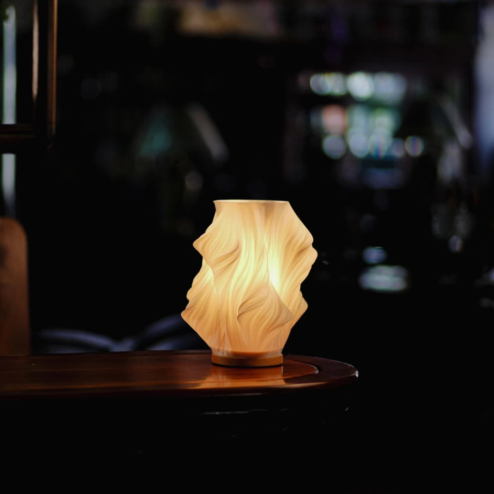 USB Dimmable Wave Table Lamp, Sculpted Shade and Wood Base – Gloaming